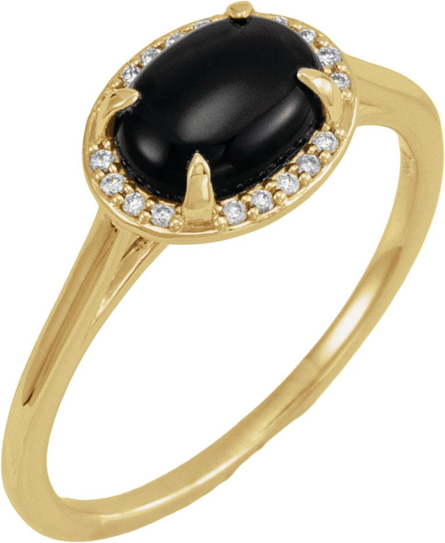 14K Gold Oval Natural Black Onyx & Natural Diamond Halo-Style Ring - Yellow Gold
