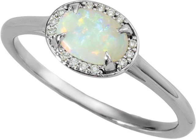 14K Gold Oval Natural White Opal & Natural Diamond Halo-Style Ring - White Gold - view 4