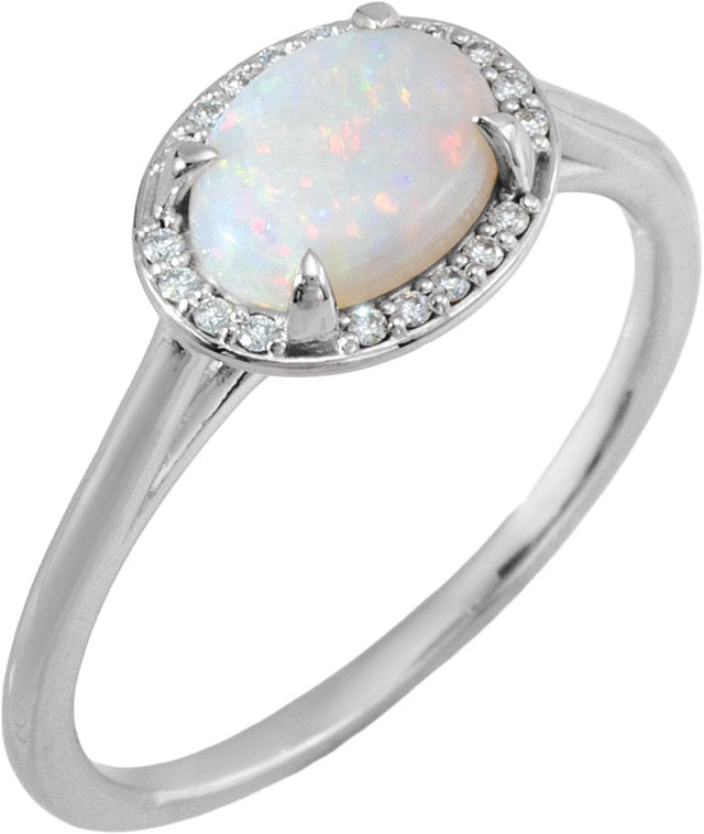 14K Gold Oval Natural White Opal & Natural Diamond Halo-Style Ring - White Gold