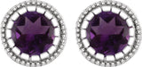 14K Gold Round Natural Amethyst Milgrain Bezel-Set Birthstone Stud Earrings - White Gold - view 2