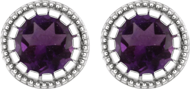 14K Gold Round Natural Amethyst Milgrain Bezel-Set Birthstone Stud Earrings - White Gold - view 2