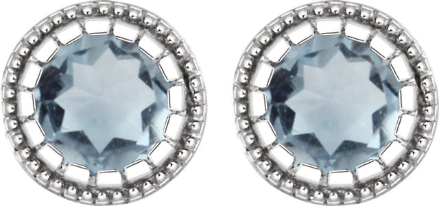 14K Gold Round Natural Aquamarine Milgrain Bezel-Set Birthstone Stud Earrings - White Gold - view 2