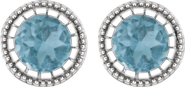 14K Gold Round Natural Swiss Blue Topaz Milgrain Bezel-Set Birthstone Stud Earrings - White Gold - view 2