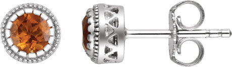 14K Gold Round Natural Citrine Milgrain Bezel-Set Birthstone Stud Earrings - White Gold