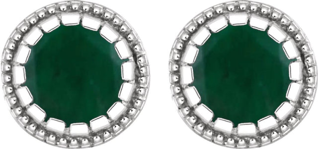 14K Gold Round Natural Emerald Milgrain Bezel-Set Birthstone Stud Earrings - White Gold - view 2