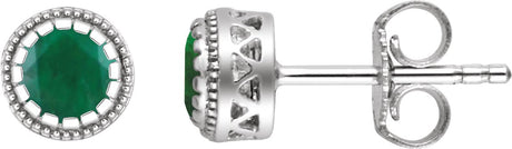 14K Gold Round Natural Emerald Milgrain Bezel-Set Birthstone Stud Earrings - White Gold