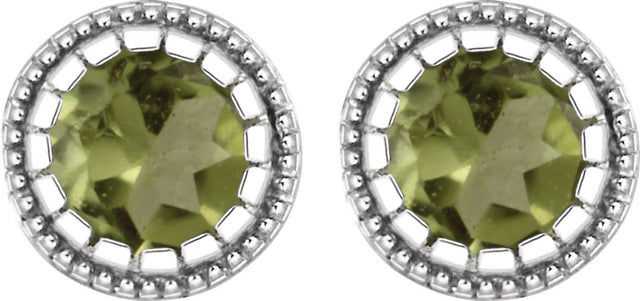 14K Gold Round Natural Peridot Milgrain Bezel-Set Birthstone Stud Earrings - White Gold - view 2