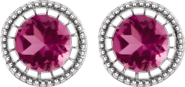 14K Gold Round Natural Pink Tourmaline Milgrain Bezel-Set Birthstone Stud Earrings - White Gold - view 2