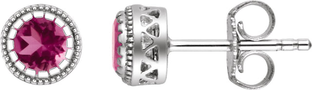14K Gold Round Natural Pink Tourmaline Milgrain Bezel-Set Birthstone Stud Earrings - White Gold