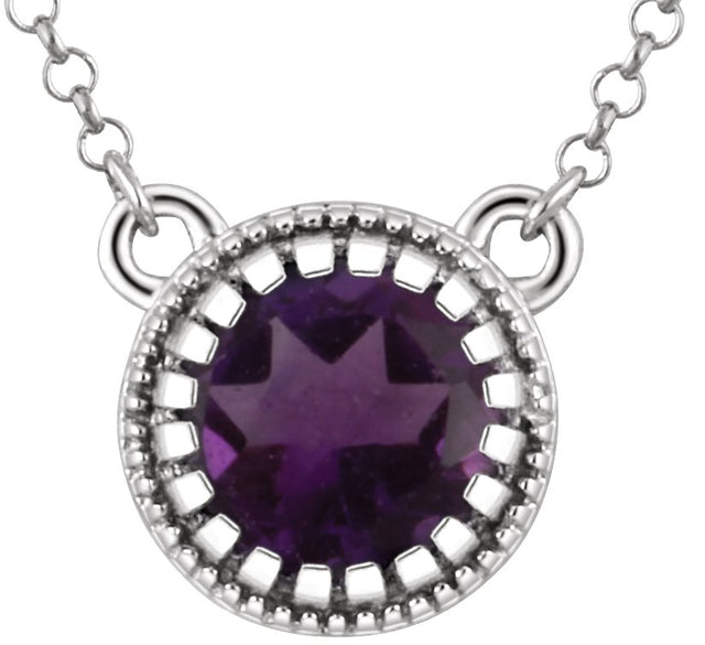 14K Gold Natural Amethyst Milgrain Bezel-Set Birthstone Necklace - White Gold
