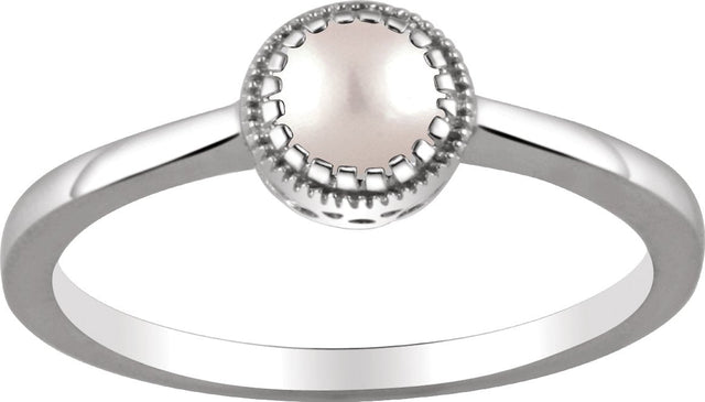 14K Gold Cultured White Freshwater Pearl Milgrain Bezel-Set Solitaire Birthstone Ring - White Gold - view 2