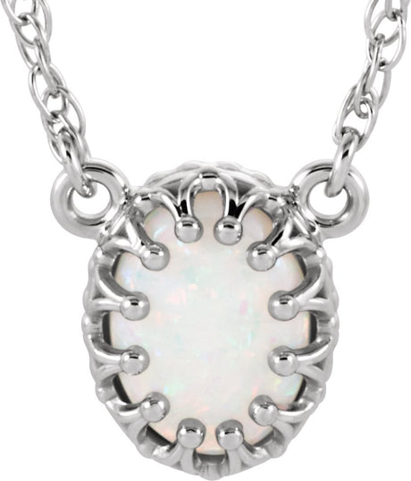 14K Gold Oval Natural White Opal Cabochon Crown Necklace - White Gold