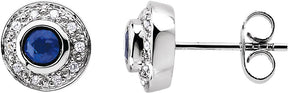 14K Gold Round Natural Blue Sapphire & Natural Diamond Bezel-Set Halo-Style Earrings