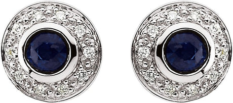 14K Gold Round Natural Blue Sapphire & Natural Diamond Bezel-Set Halo-Style Earrings - view 2
