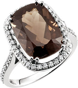 14K Gold Elongated Cushion Natural Smoky Quartz & Natural Diamond Halo-Style Ring