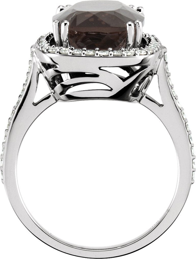 14K Gold Elongated Cushion Natural Smoky Quartz & Natural Diamond Halo-Style Ring - view 2