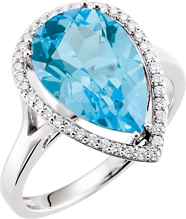 14K Gold Pear Natural Swiss Blue Topaz & Natural Diamond Halo-Style Ring