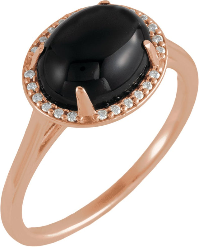 14K Gold Oval Natural Black Onyx & Natural Diamond Halo-Style Ring - Rose Gold