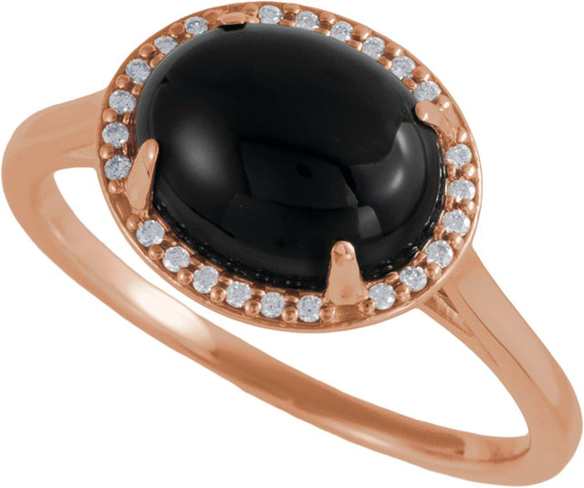 14K Gold Oval Natural Black Onyx & Natural Diamond Halo-Style Ring - Rose Gold - view 4