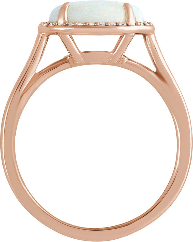 14K Gold Oval Natural White Opal & Natural Diamond Halo-Style Ring - Rose Gold - view 2