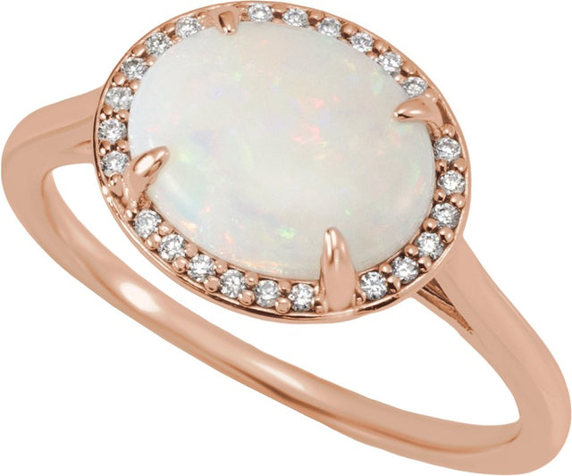 14K Gold Oval Natural White Opal & Natural Diamond Halo-Style Ring - Rose Gold - view 5