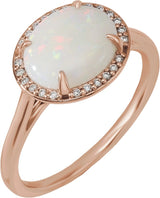 14K Gold Oval Natural White Opal & Natural Diamond Halo-Style Ring - Rose Gold
