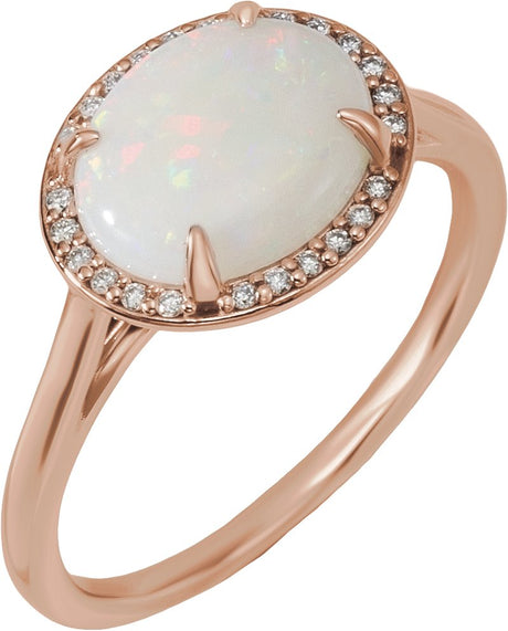14K Gold Oval Natural White Opal & Natural Diamond Halo-Style Ring - Rose Gold