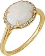 14K Gold Oval Natural White Opal & Natural Diamond Halo-Style Ring - Yellow Gold