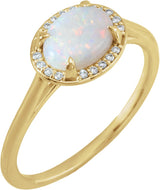 14K Gold Oval Natural White Opal & Natural Diamond Halo-Style Ring - Yellow Gold