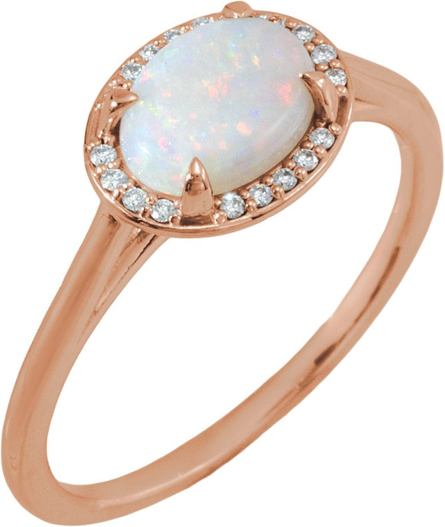 14K Gold Oval Natural White Opal & Natural Diamond Halo-Style Ring - Rose Gold