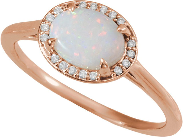 14K Gold Oval Natural White Opal & Natural Diamond Halo-Style Ring - Rose Gold - view 4