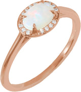 14K Gold Oval Natural White Opal & Natural Diamond Halo-Style Ring - Rose Gold