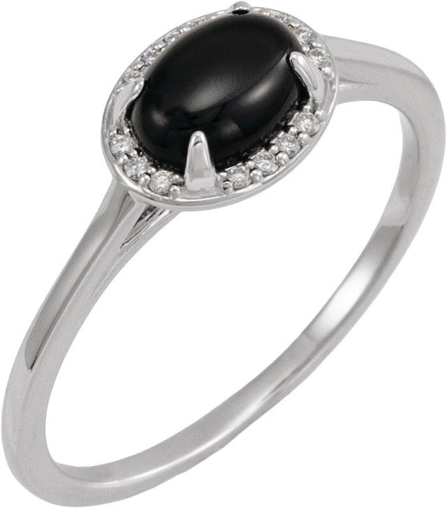 14K Gold Oval Natural Black Onyx & Natural Diamond Halo-Style Ring - White Gold