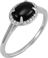 14K Gold Oval Natural Black Onyx & Natural Diamond Halo-Style Ring - White Gold