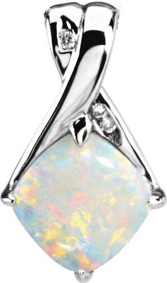 14K Gold Cushion Natural White Opal & Natural Diamond Accented Pendant - view 2