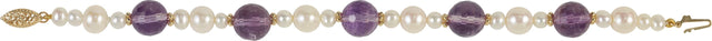 14K Gold Round Natural Amethyst & Cultured White Freshwater Pearl Pearl Station Bracelet - view 2