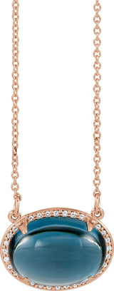 14K Gold Oval Natural London Blue Topaz & Natural Diamond Halo-Style Necklace – 0.06 CTW - Rose Gold