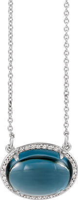 14K Gold Oval Natural London Blue Topaz & Natural Diamond Halo-Style Necklace – 0.06 CTW - White Gold