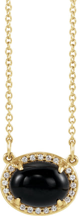 14K Gold Oval Natural Black Onyx & Natural Diamond Halo-Style Necklace - Yellow Gold - view 3
