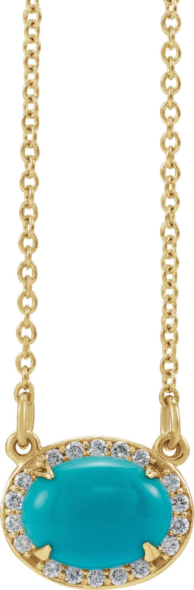 14K Gold Oval Natural Turquoise & Natural Diamond Halo-Style Necklace - Yellow Gold - view 2