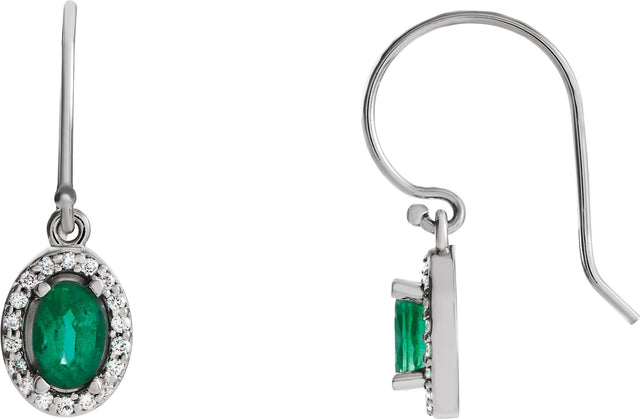 14K Gold Oval Natural Emerald & Natural Diamond Halo-Style Earrings