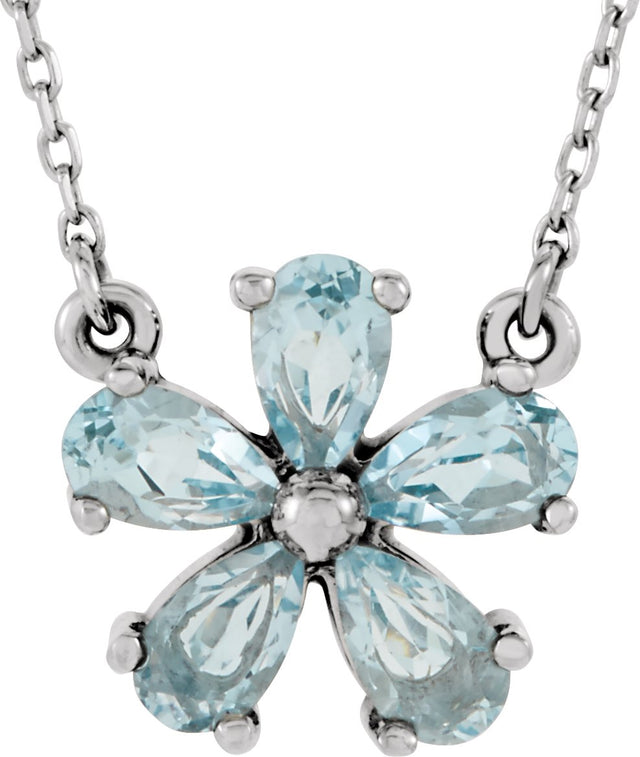 14K Gold Pear Natural Sky Blue Topaz Flower Necklace - White Gold