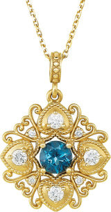 14K Gold Round Natural London Blue Topaz & Natural Diamond Vintage-Inspired Necklace or Pendant - Yellow Gold