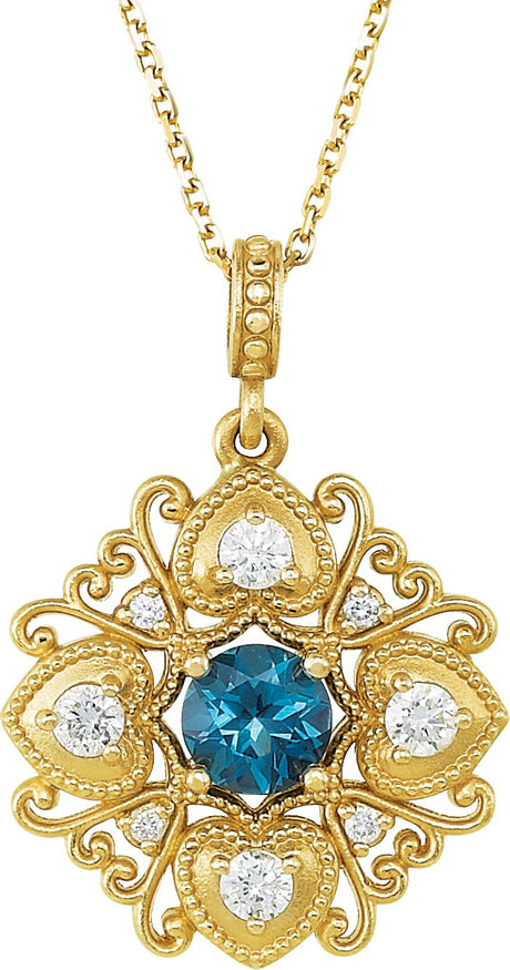 14K Gold Round Natural London Blue Topaz & Natural Diamond Vintage-Inspired Necklace or Pendant - Yellow Gold
