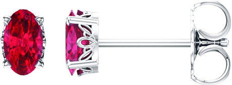 14K Gold Lab-Grown Ruby Oval 4-Prong Scroll Setting Stud Earrings - White Gold
