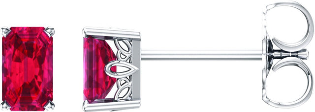 14K Gold Lab-Grown Ruby Emerald 4-Prong Scroll Setting Stud Earrings - White Gold