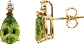 14K Gold Natural Peridot & Natural Diamond Pear 3-Prong Accented Earrings