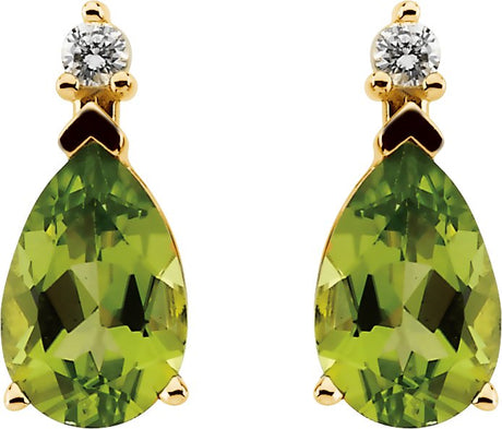 14K Gold Natural Peridot & Natural Diamond Pear 3-Prong Accented Earrings - view 2