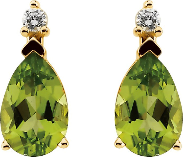 14K Gold Natural Peridot & Natural Diamond Pear 3-Prong Accented Earrings - view 2
