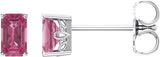 14K Gold Natural Pink Tourmaline Emerald 4-Prong Scroll Setting Stud Earrings - White Gold
